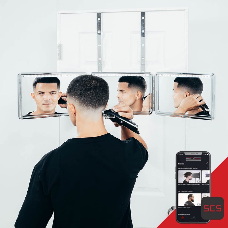 Self-Cut System LED 3 Way Mirror for Self Hair Cutting, Trifold Barber Mirror with Height Adjustable Hooks, 360 View, Includes Free Educational Mobile App (Heaven Lights) - Image 1